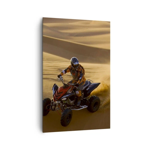 Impression sur toile - Image sur toile - Un motocycliste sur un quad traversant à toute vitesse les dunes de sable du désert - 80x120cm - Sur les vagues de sable - Décoration murale moderne pour le salon et la chambre ARTTOR