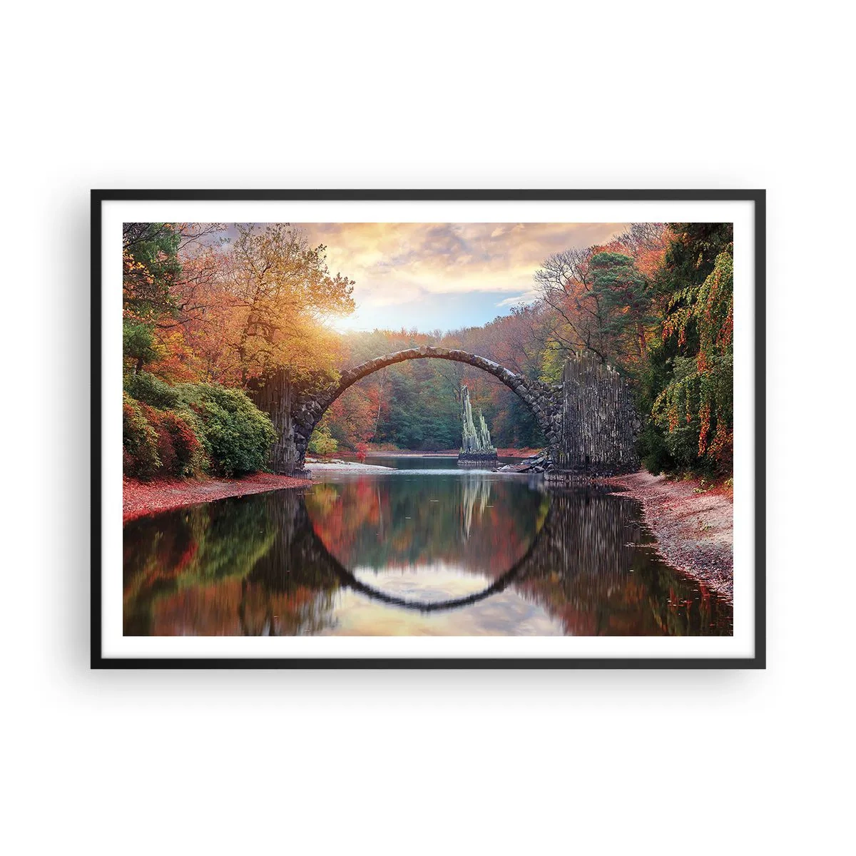 Affiche dans un cadre noir - Poster - Un pont de pierre dans un paysage d'automne sur une eau calme - 100x70cm - De l'autre cote du miroir - Décoration murale moderne pour le salon et la chambre ARTTOR