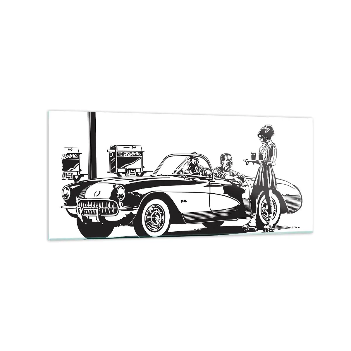 Impression sur verre - Image sur verre - Une scène rétro en noir et blanc avec une voiture et une serveuse en patins à roulettes. - 120x50cm - 60's - Amérique insouciante - Décoration murale moderne pour le salon et la chambre ARTTOR