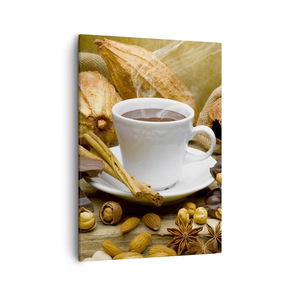 Impression sur toile - Image sur toile - Une tasse de chocolat chaud entourée de cacao et de cannelle - 50x70cm - Pour les amateurs de sensations fortes - Décoration murale moderne pour le salon et la chambre ARTTOR