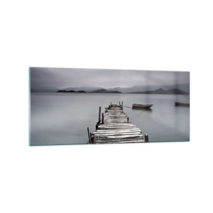 Impression sur verre - Image sur verre - Un pont en bois menant à la surface calme du lac - 120x50cm - Tu peux partir demain - Décoration murale moderne pour le salon et la chambre ARTTOR