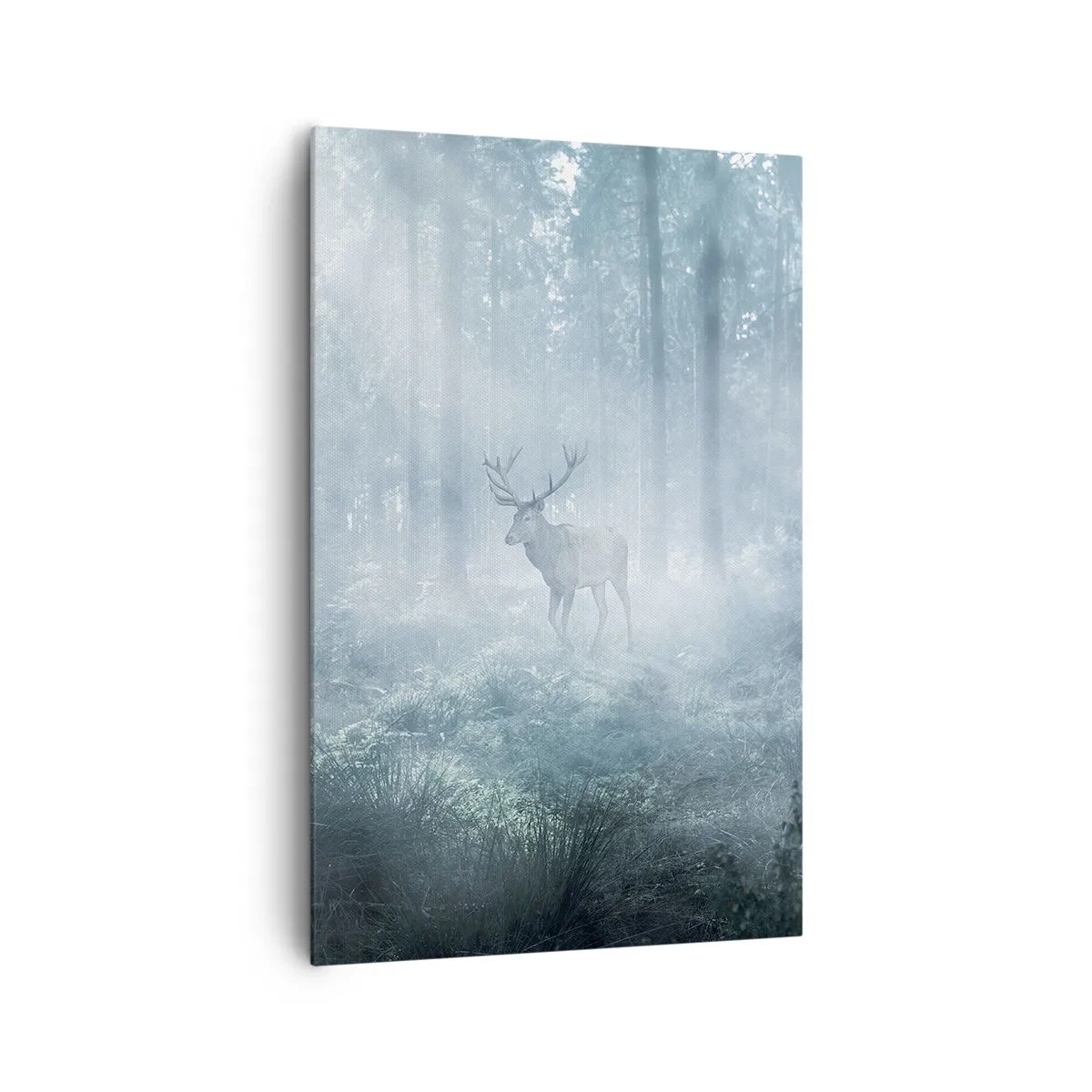 Impression sur toile - Image sur toile - Un cerf dans une forêt dense enveloppée de brume matinale - 80x120cm - Visite matinale du domaine - Décoration murale moderne pour le salon et la chambre ARTTOR