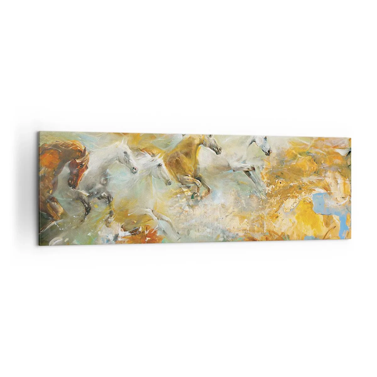 Impression sur toile - Image sur toile - Des chevaux artistiques dans un cadre dynamique et coloré - 160x50cm - Au galop vers la lumière - Décoration murale moderne pour le salon et la chambre ARTTOR