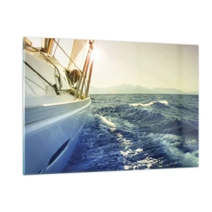 Impression sur verre - Image sur verre - Un voilier sur une mer calme à la lumière du soleil couchant - 120x80cm - Suite à l'aventure - Décoration murale moderne pour le salon et la chambre ARTTOR