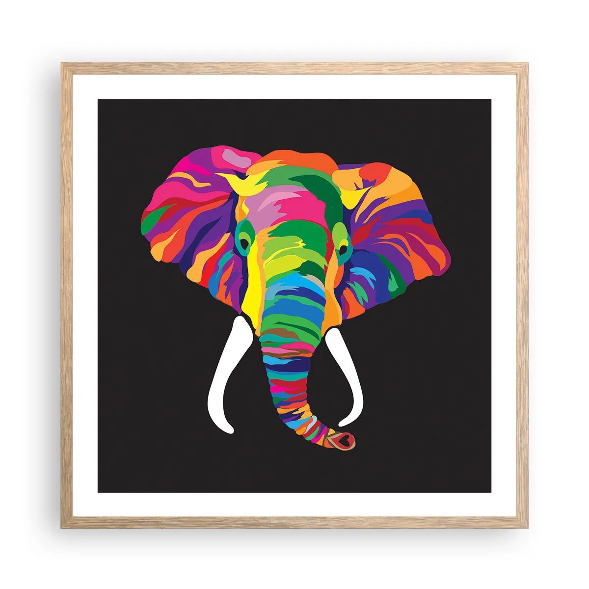 Affiche dans un chêne clair - Poster - L'éléphant qui aimait se baigner dans un arc-en-ciel - 60x60 cm
