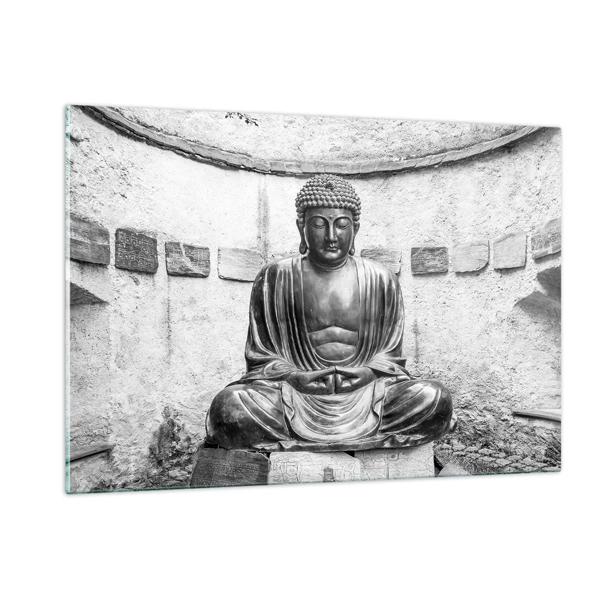 Impression sur verre - Image sur verre - Statue de Bouddha en noir et blanc dans une pose méditative - 120x80cm - A la source de la paix - Décoration murale moderne pour le salon et la chambre ARTTOR