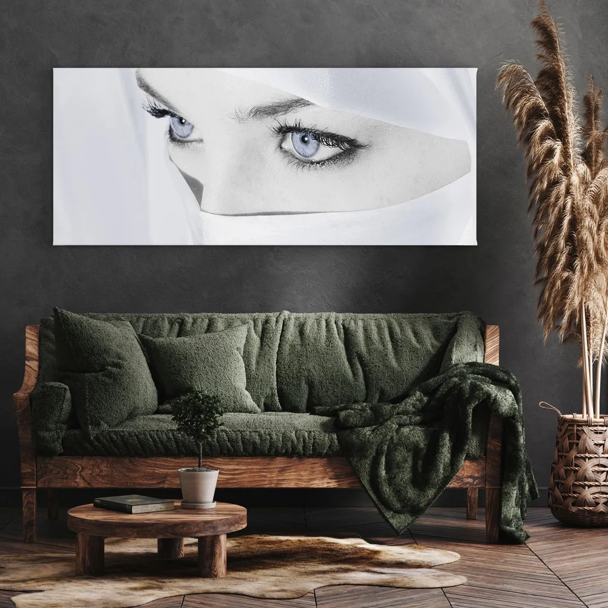 Impression sur toile - Image sur toile - Portrait d'une femme aux yeux bleus cachés derrière un voile blanc - 160x50cm - Directement des mille et une nuits - Décoration murale moderne pour le salon et la chambre ARTTOR