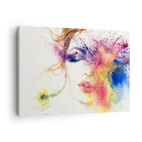 Impression sur toile - Image sur toile - Un portrait artistique d'une femme aux couleurs aquarelles expressives. - 70x50cm - Vertiges arc-en-ciel - Décoration murale moderne pour le salon et la chambre ARTTOR