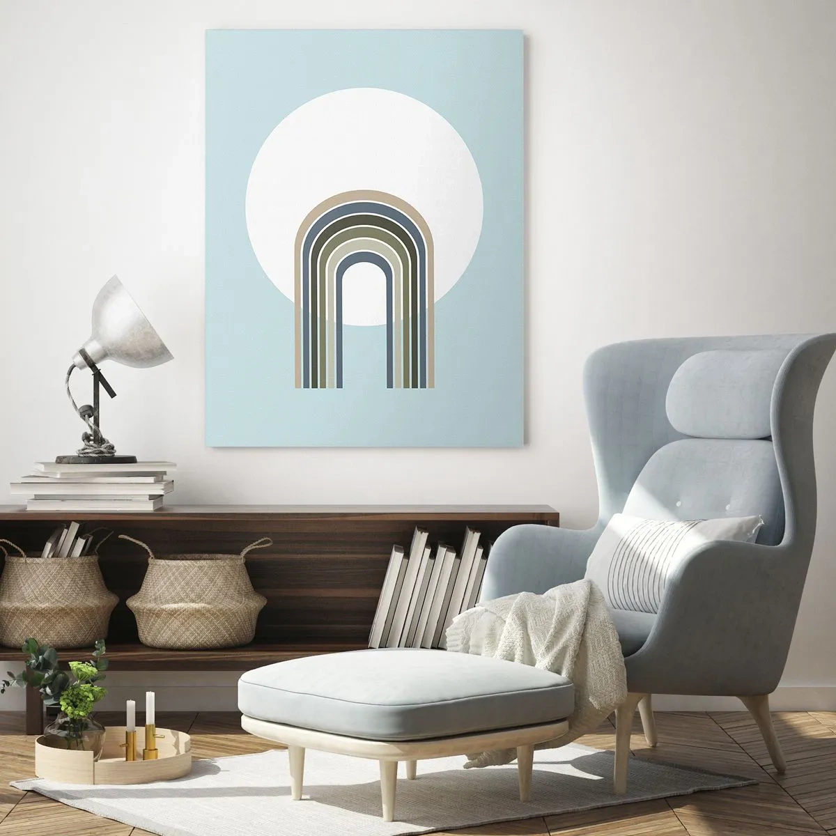 Impression sur verre - Image sur verre - Une composition abstraite avec des arches dans des tons délicats de bleu et de vert. - 50x70cm - Attraction irrésistible - Décoration murale moderne pour le salon et la chambre ARTTOR