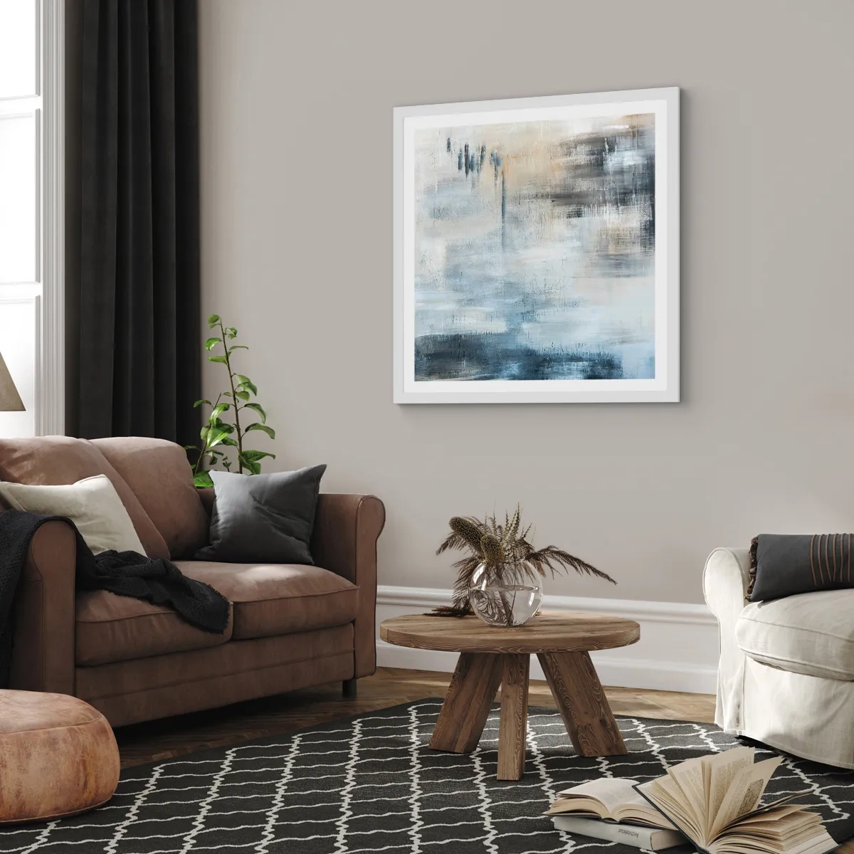 Affiche dans un cadre blanc - Poster - Derrière le rideau bleu - 60x60 cm