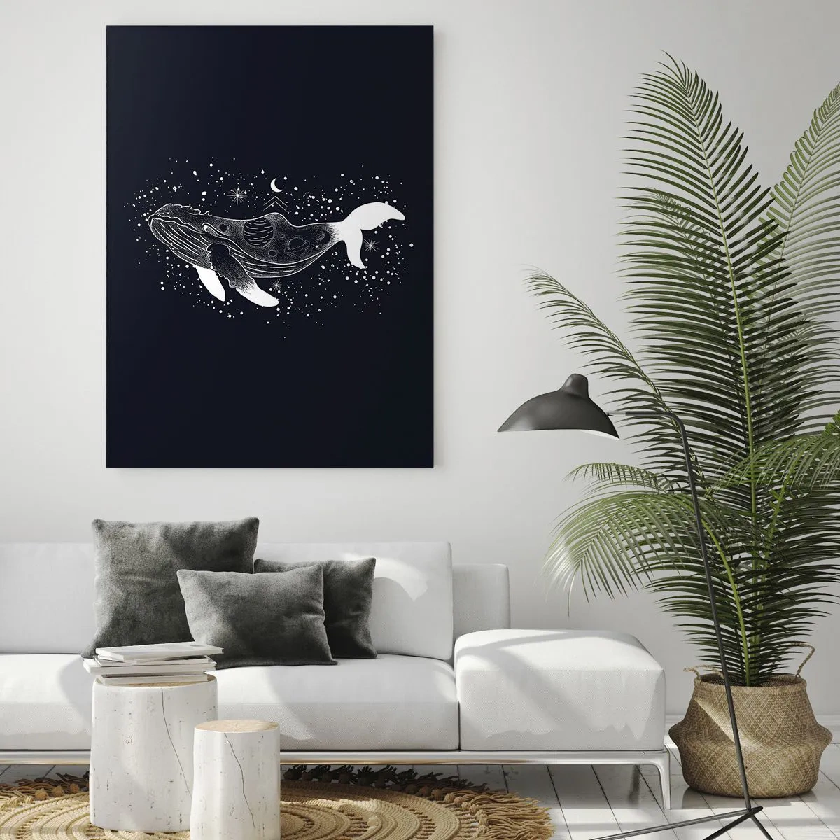 Impression sur verre - Image sur verre - Silhouette blanche graphique d'une baleine flottant dans l'espace - 50x70cm - Dans l'océan de l'univers - Décoration murale moderne pour le salon et la chambre ARTTOR