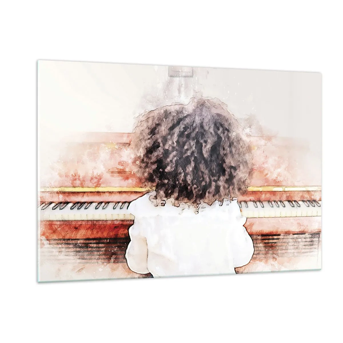 Impression sur verre - Image sur verre - Un enfant aux cheveux bouclés jouant du piano - 120x80cm - Dans un nouveau monde - Décoration murale moderne pour le salon et la chambre ARTTOR