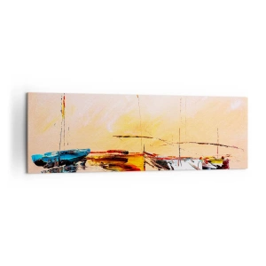 Impression sur toile - Image sur toile - Bateaux colorés sur une eau calme au coucher du soleil - 160x50cm - Soirée à la marina - Décoration murale moderne pour le salon et la chambre ARTTOR