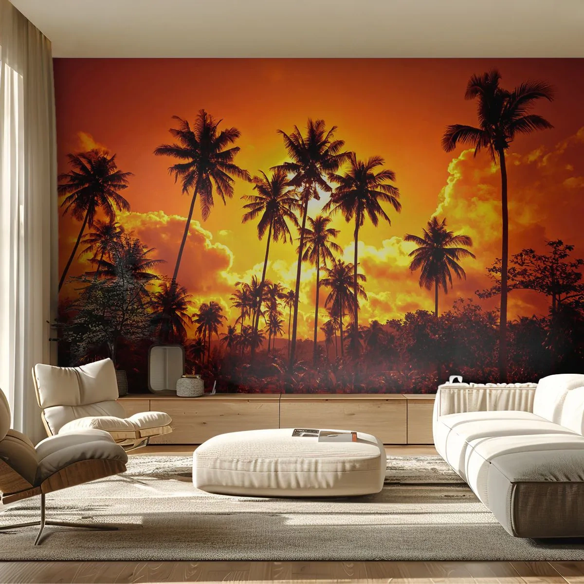 Papier Peint Autocollant Deluxe Sticker - Montagnes en feu, forêts en feu - palmiers, Tropiques, Soleil - 100x70 cm