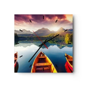 Horloge murale - Pendule murale - Trois bateaux en bois sur fond de lac de montagne au coucher du soleil - 30x30cm - Rien contre nature - Décoration murale moderne pour le salon et la chambre ARTTOR