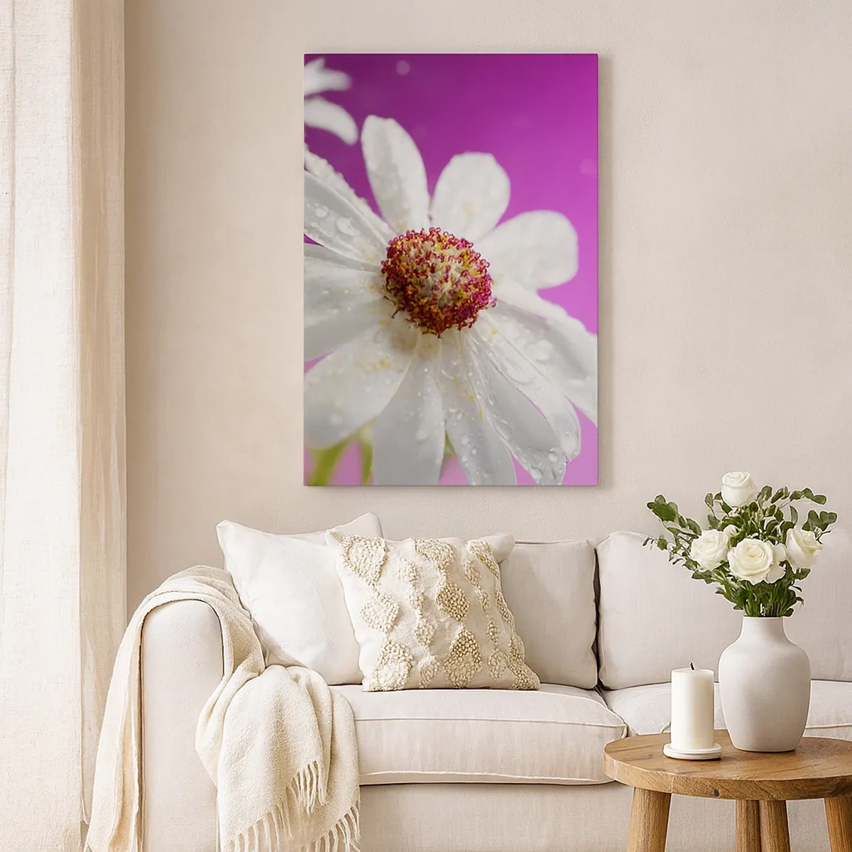 Impression sur toile - Image sur toile - Une marguerite blanche recouverte de gouttes d'eau sur un fond rose - 50x70cm - Modeste dans sa beauté - Décoration murale moderne pour le salon et la chambre ARTTOR
