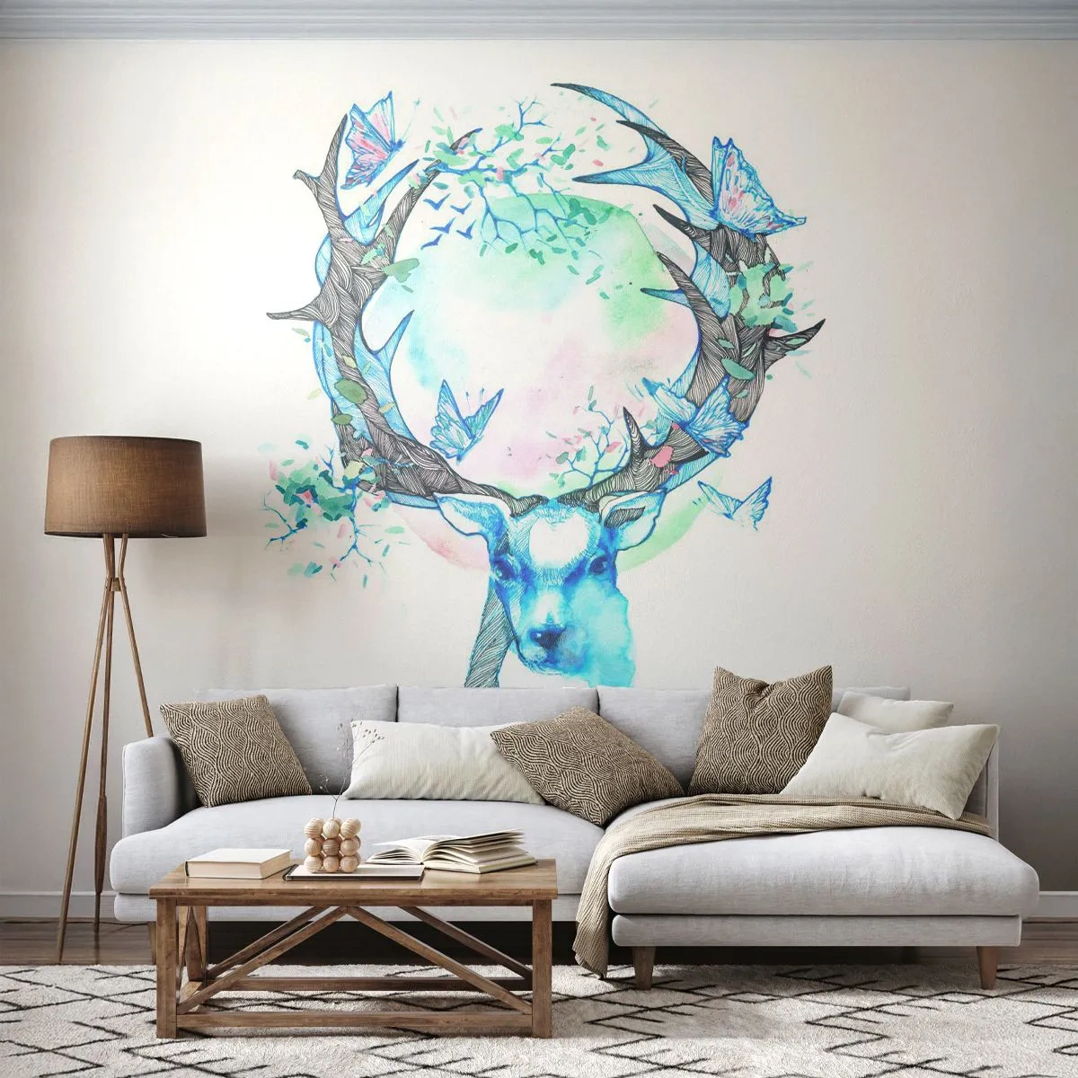 Papier Peint Photo Premium Sand - Cerf avec des papillons et un fond mystique à l'aquarelle - 100x70cm - La force et la délicatesse de la nature - Décoration murale moderne pour le salon et la chambre ARTTOR
