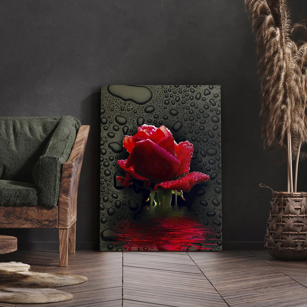 Impression sur toile - Image sur toile - Rose rouge avec des gouttes d'eau sur un fond sombre - 70x100cm - Rouge et noir - Décoration murale moderne pour le salon et la chambre ARTTOR