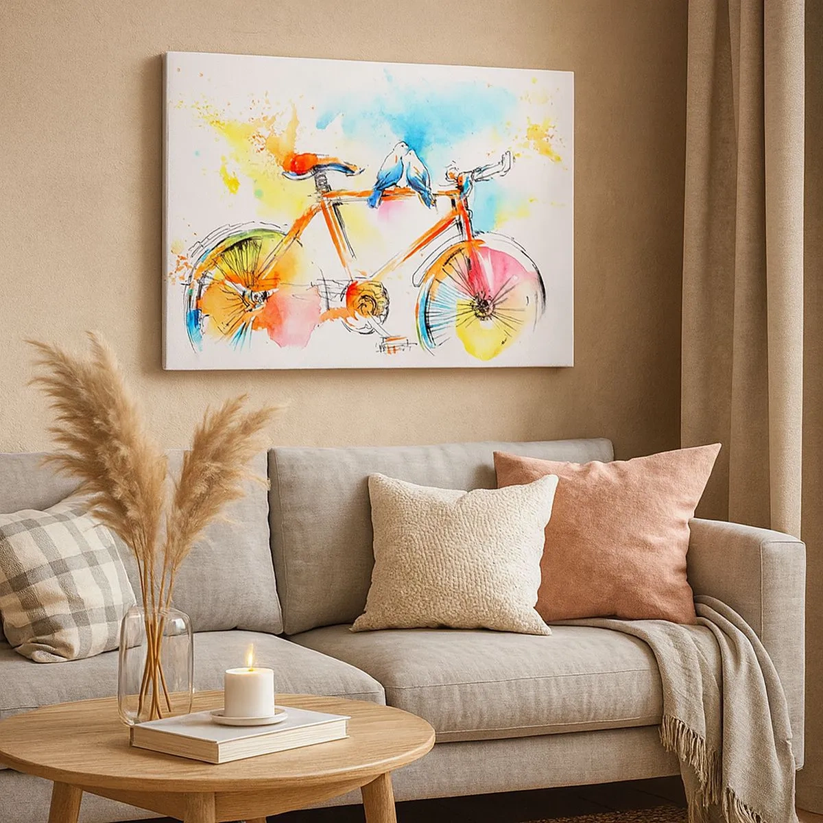 Impression sur toile - Image sur toile - Aquarelle colorée d'un vélo avec des oiseaux assis dessus - 70x50cm - À deux en vélo - Décoration murale moderne pour le salon et la chambre ARTTOR