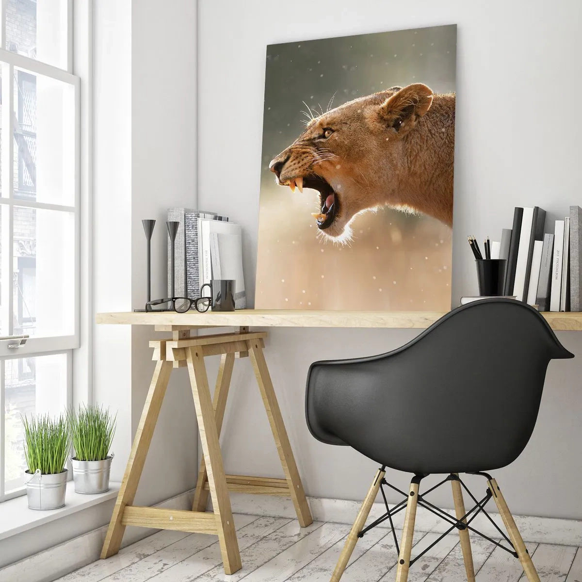 Impression sur verre - Image sur verre - Gros plan d'un lion rugissant sous les rayons du soleil - 50x70cm - Essayez  de ne pas écouter - Décoration murale moderne pour le salon et la chambre ARTTOR