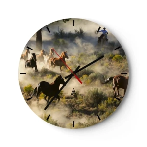 Horloge murale - Pendule murale - Chevaux au galop dans la poussière - 30x30cm - Rivalité - liberté ou force masculine ? - Décoration murale moderne pour le salon, la cuisine et la chambre ARTTOR