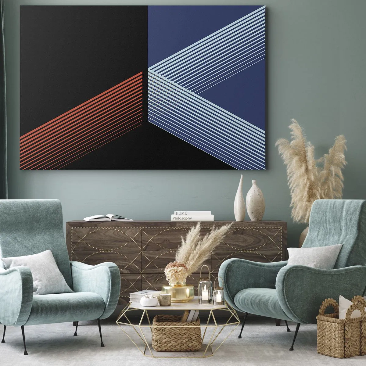 Impression sur toile - Image sur toile - Lignes géométriques dans les tons de rouge et de bleu - 120x80cm - Histoire simple - Décoration murale moderne pour le salon et la chambre ARTTOR