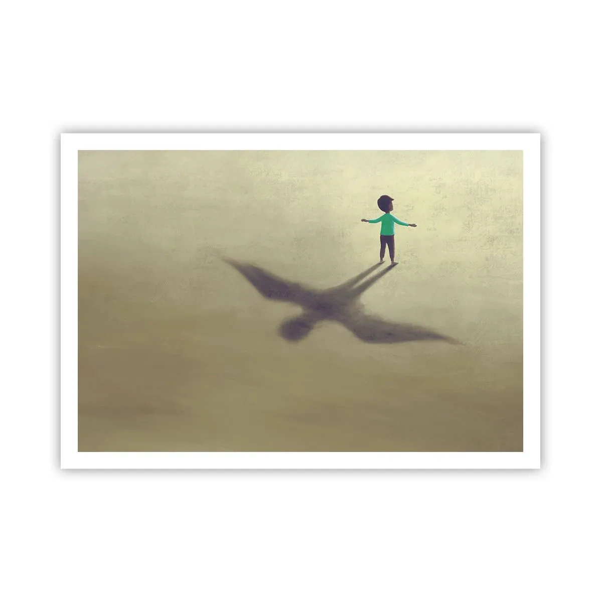 Affiche - Poster - Une figure symbolique d'un enfant avec l'ombre d'un oiseau sur un fond aux tons chauds. - 100x70cm - Héros du futur - Décoration murale moderne pour le salon et la chambre ARTTOR
