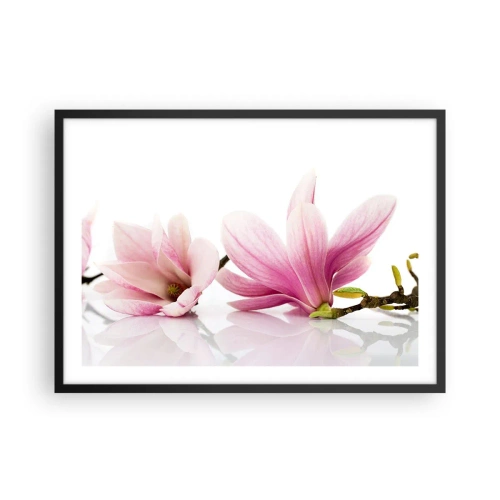 Affiche dans un cadre noir - Poster - Magnolias roses délicats sur fond blanc - 70x50cm - Délicat comme une brise de printemps - Décoration murale moderne pour le salon et la chambre ARTTOR