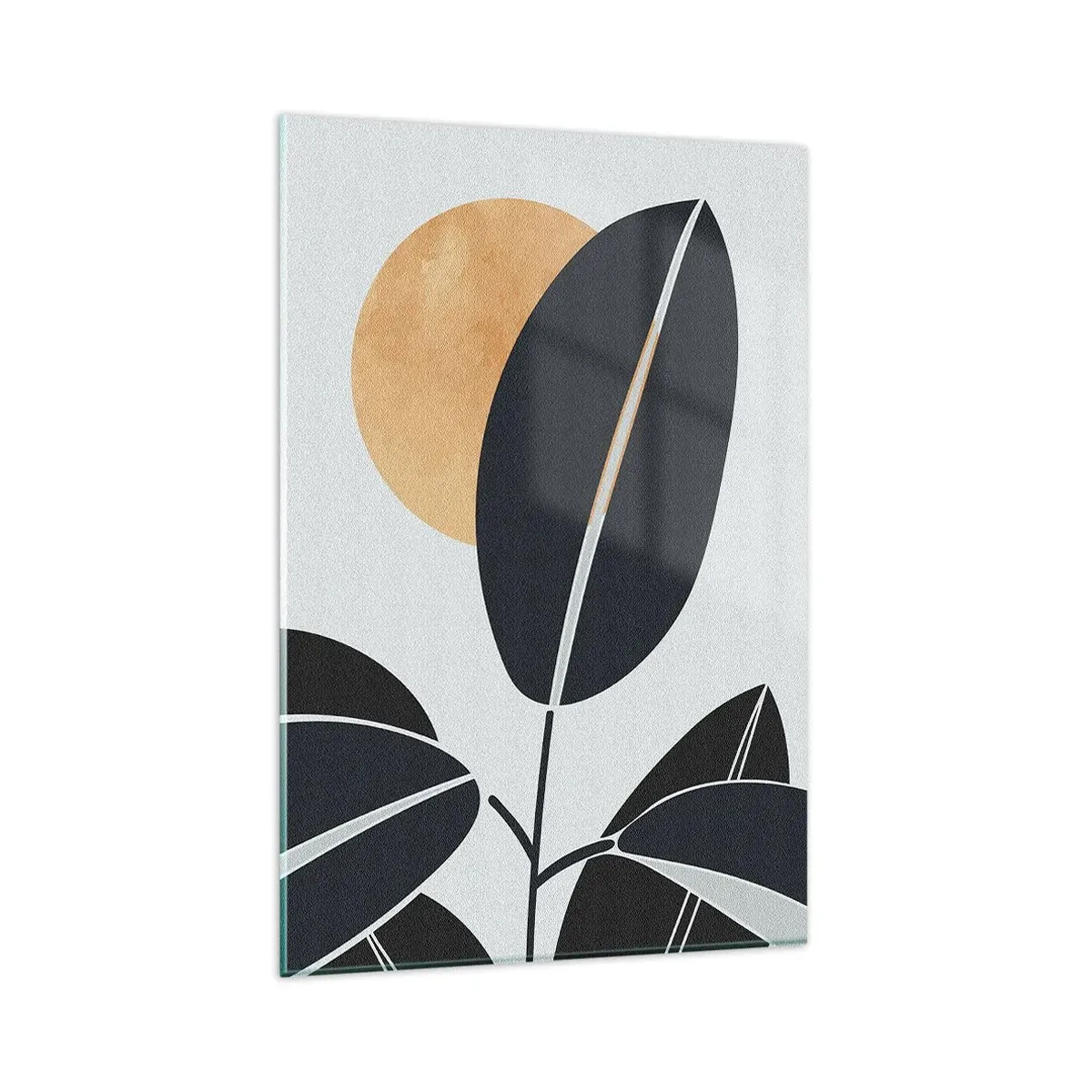 Impression sur verre - Image sur verre - Un motif de feuille minimaliste avec un soleil brillant en arrière-plan. - 80x120cm - Une chaude journée d'été - Décoration murale moderne pour le salon et la chambre ARTTOR