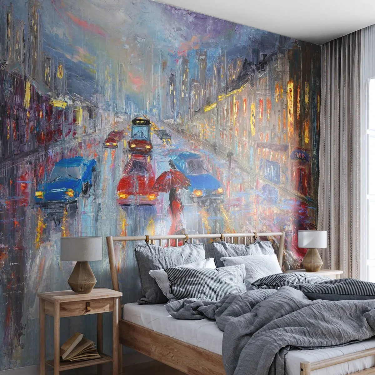 Papier Peint Autocollant Deluxe Sticker - Après-midi pluvieux en ville - Ville, Architecture, Marcher sous la pluie - 150x105 cm