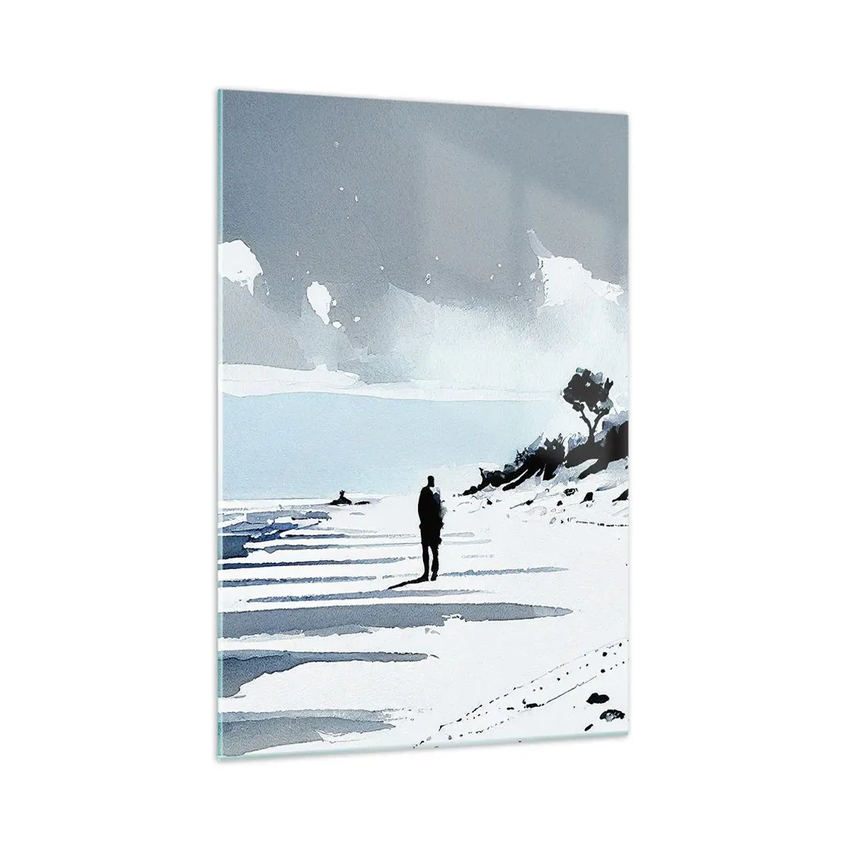 Impression sur verre - Image sur verre - Une silhouette solitaire marchant sur une plage déserte - 70x100cm - Seul à seul - Décoration murale moderne pour le salon et la chambre ARTTOR