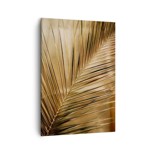Impression sur toile - Image sur toile - Feuille de palmier dorée sur fond uni - 50x70cm - Colonnade naturelle - Décoration murale moderne pour le salon et la chambre ARTTOR