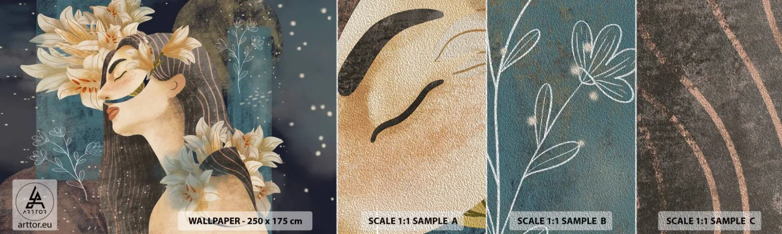 Échantillon de Papier Peint Premium Sand - Conte de fée sur la princesse lilas - Abstraction, Femme, Fleurs - 100x30 cm