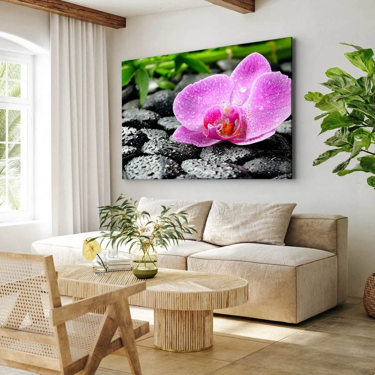 Impression sur toile - Image sur toile - Orchidée rose sur des pierres noires humides avec des feuilles vertes - 100x70cm - Comme un coeur ouvert - Décoration murale moderne pour le salon et la chambre ARTTOR