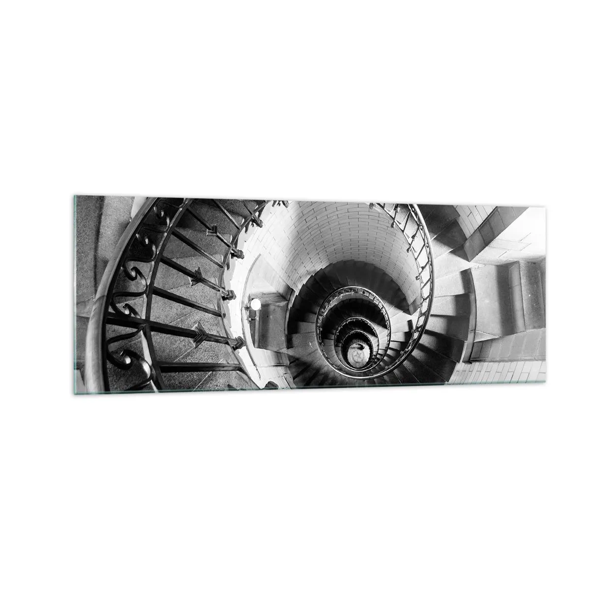 Impression sur verre - Image sur verre - Photographie en noir et blanc d'un escalier en colimaçon avec une perspective de haut en bas - 140x50cm - De plus en plus haut - Décoration murale moderne pour le salon et la chambre ARTTOR