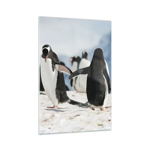Impression sur verre - Image sur verre - Un groupe de pingouins dans la neige dans un paysage antarctique - 70x100cm - Danser dans la neige - Décoration murale moderne pour le salon et la chambre ARTTOR