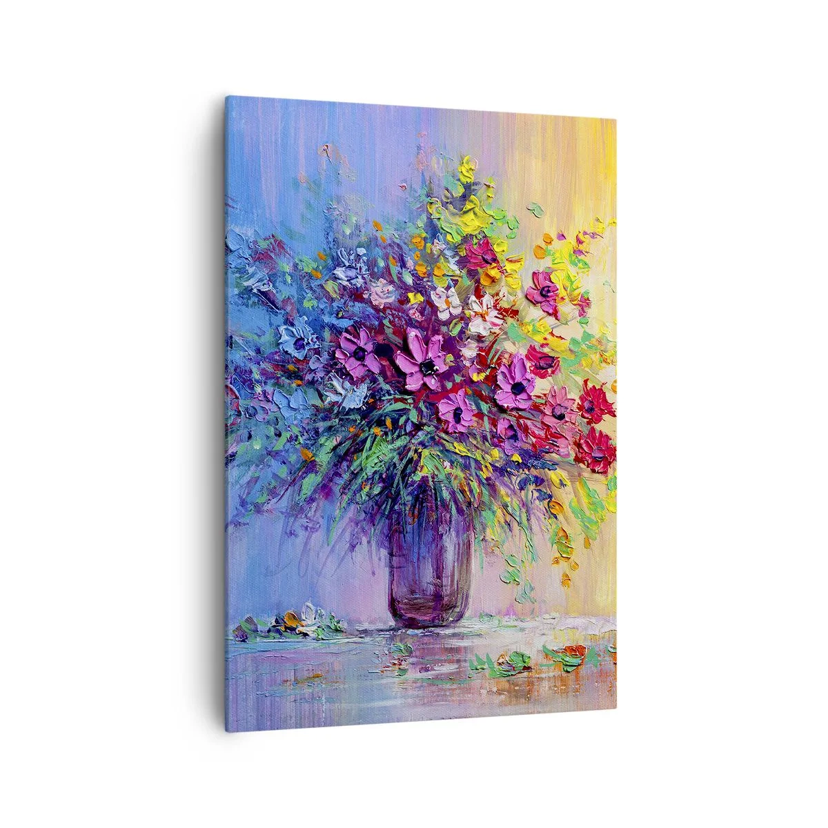 Impression sur toile - Image sur toile - Un bouquet de fleurs colorées dans un vase sur un fond dégradé - 70x100cm - Cadeau d'été de la prairie - Décoration murale moderne pour le salon et la chambre ARTTOR