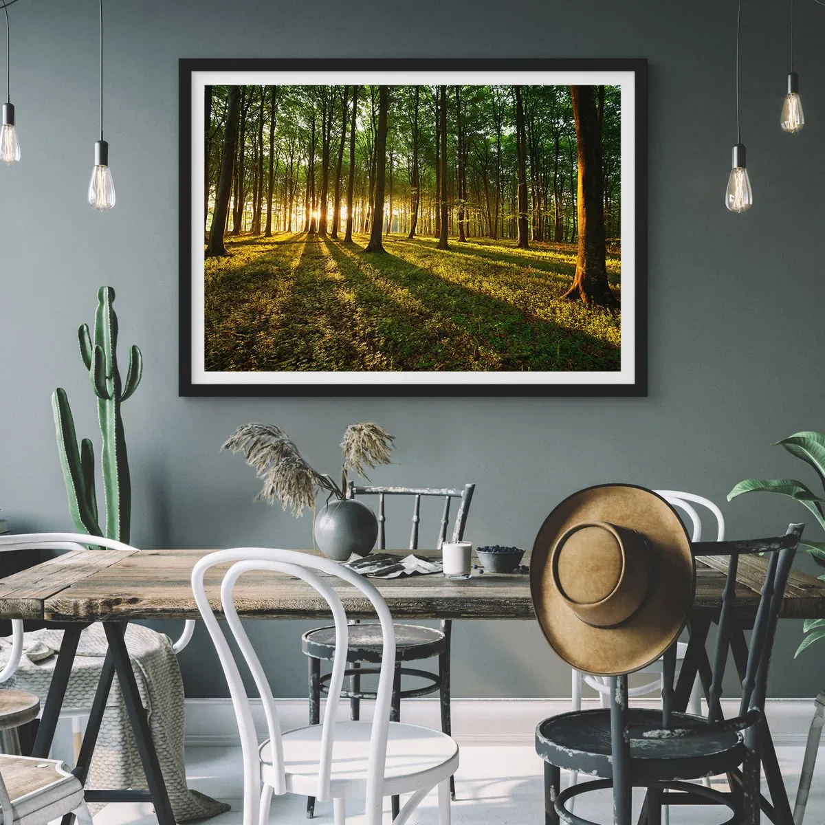 Affiche dans un cadre noir - Poster - Le soleil couchant dans la forêt de feuillus - 70x50cm - Toutes les photographies de printemps - Décoration murale moderne pour le salon et la chambre ARTTOR