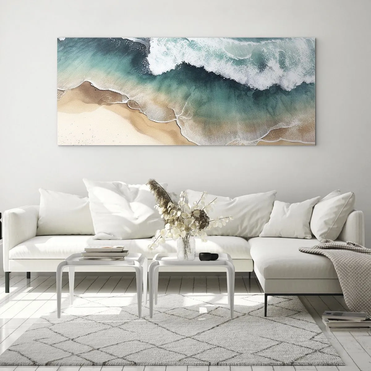 Impression sur verre - Image sur verre - Vue sur la plage et les vagues de la mer dans des tons turquoise - 120x50cm - La rencontre éternelle - Décoration murale moderne pour le salon et la chambre ARTTOR