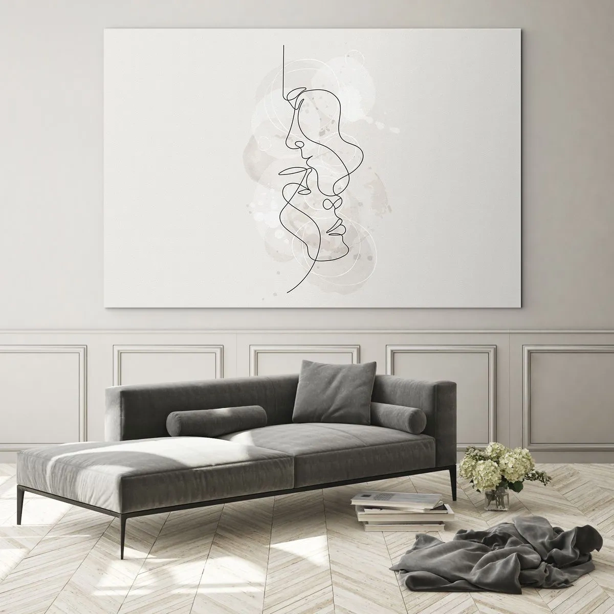 Impression sur verre - Image sur verre - Un dessin minimaliste des visages de deux personnes dans une étreinte subtile et sensuelle. - 120x80cm - Emmêlé dans une étreinte - Décoration murale moderne pour le salon et la chambre ARTTOR