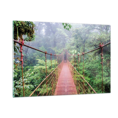 Impression sur verre - Image sur verre - Un pont suspendu rouge au-dessus d'une jungle verte dans le brouillard - 120x80cm - Suspendu sur les couronnes - Décoration murale moderne pour le salon et la chambre ARTTOR