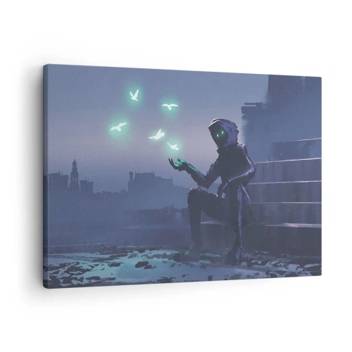 Impression sur toile - Image sur toile - Une silhouette encapuchonnée avec des oiseaux magiques en arrière-plan d'une ville - 70x50cm - La vie reviendra - Décoration murale moderne pour le salon et la chambre ARTTOR