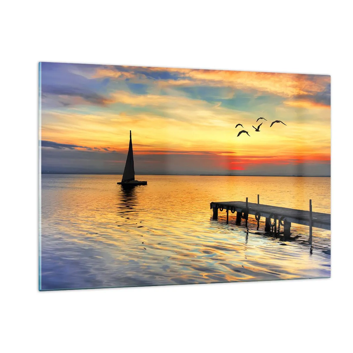 Impression sur verre - Image sur verre - Voilier et jetée au coucher du soleil sur un lac calme - 120x80cm - Le soir revient - Décoration murale moderne pour le salon et la chambre ARTTOR