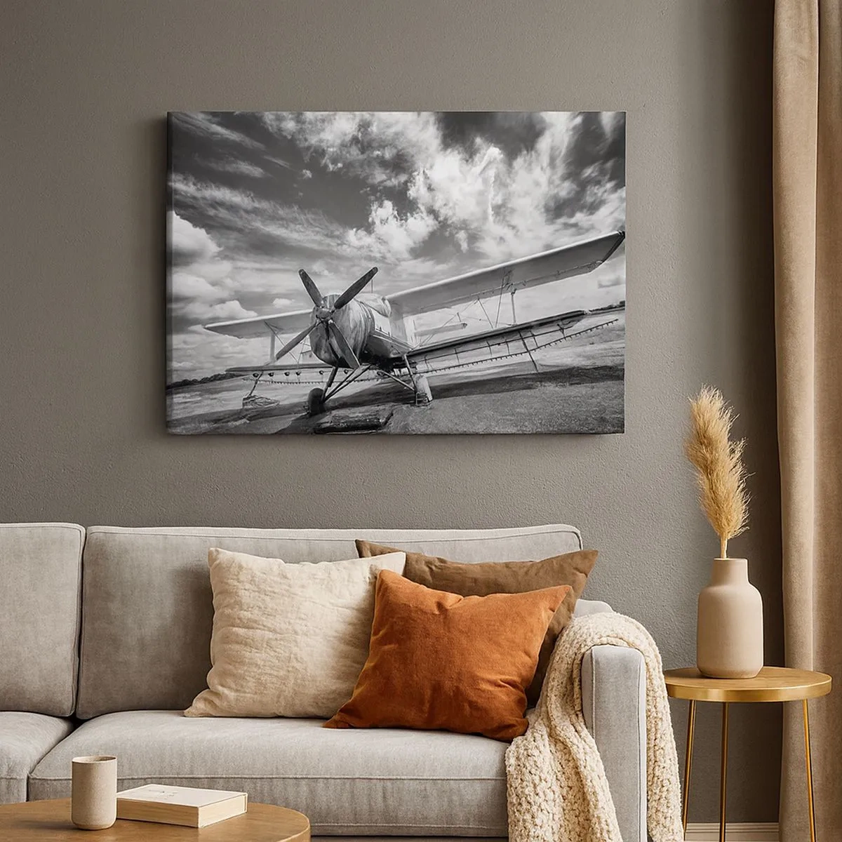 Impression sur toile - Image sur toile - Un vieil avion à l'aéroport en noir et blanc - 70x50cm - Je suis impatient! - Décoration murale moderne pour le salon et la chambre ARTTOR