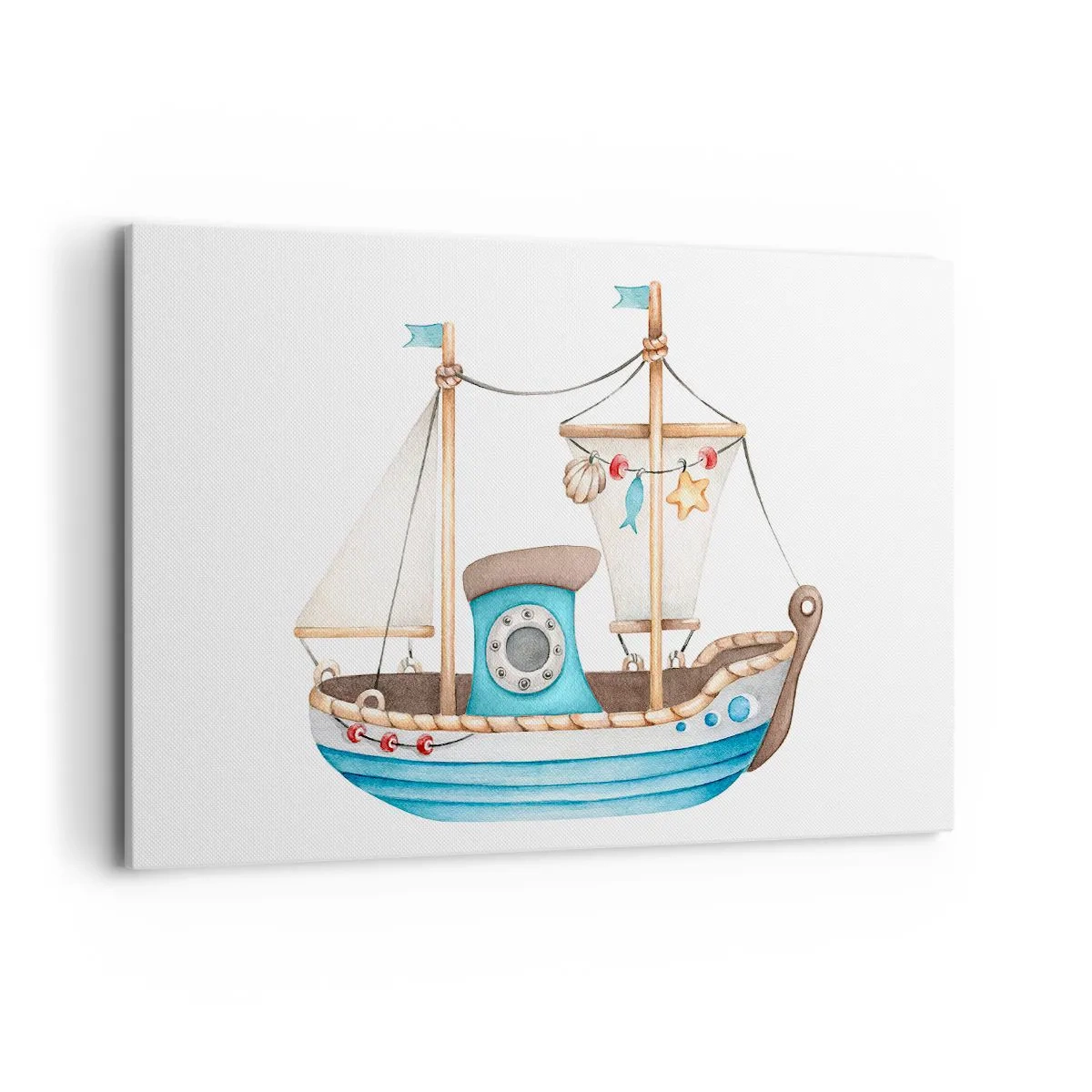 Impression sur toile - Image sur toile - Illustration d'un navire aux couleurs pastel sur fond blanc - 120x80cm - Ohé, l'aventure ! - Décoration murale moderne pour le salon et la chambre ARTTOR