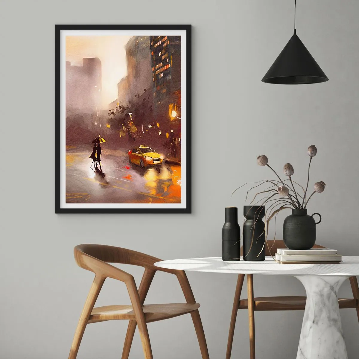 Affiche dans un cadre noir - Poster - Une aquarelle d'une ville nocturne à la lumière des lanternes - 50x70cm - Dans les lumières de New-York - Décoration murale moderne pour le salon et la chambre ARTTOR