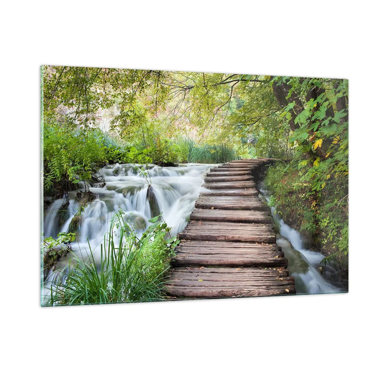 Impression sur verre - Image sur verre - Un pont dans la forêt au-dessus d'un ruisseau - 120x80cm - L'eau n'est pas si calme - Décoration murale moderne pour le salon et la chambre ARTTOR