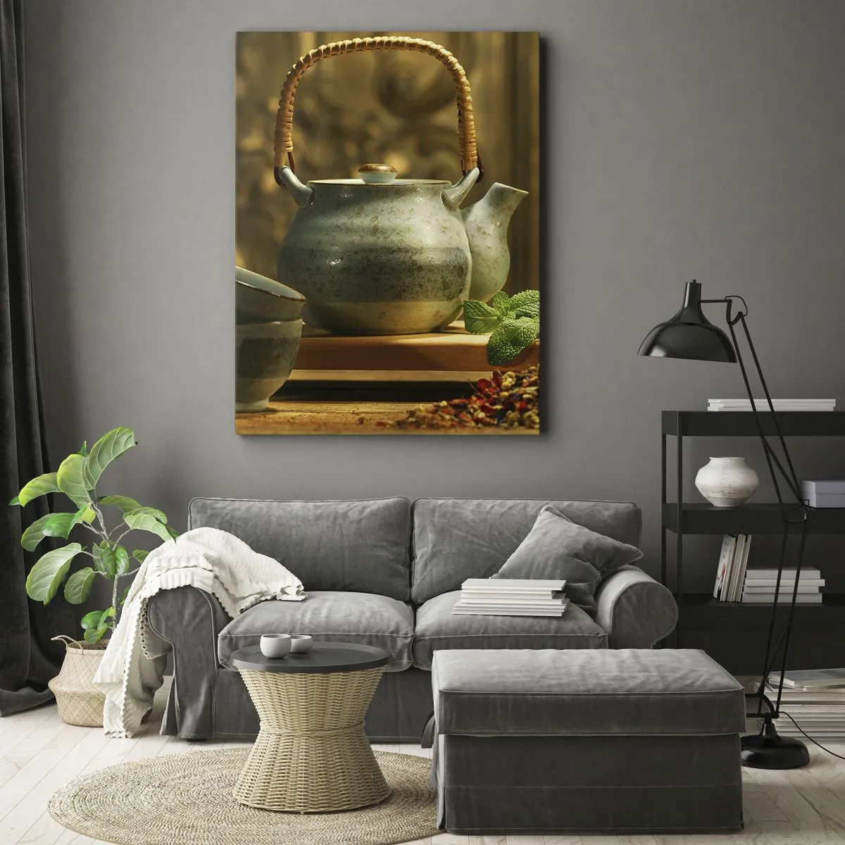 Impression sur toile - Image sur toile - Pichet en céramique avec tasses et thé séché - 80x120cm - Un traité sur la consommation de thé - Décoration murale moderne pour le salon et la chambre ARTTOR