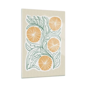 Impression sur verre - Image sur verre - Fruits orange et feuilles vertes dans une composition graphique - 50x70cm - Ethnique avec une pointe d'abstraction - Décoration murale moderne pour le salon et la chambre ARTTOR