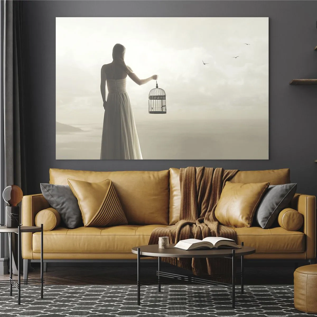 Impression sur verre - Image sur verre - Une femme avec une cage regardant les oiseaux s'envoler dans le ciel - 100x70cm - Soi libre - Décoration murale moderne pour le salon et la chambre ARTTOR
